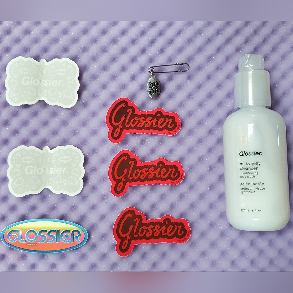 Glossier Milky Jelly Cleanser with Red Stickers and Pin